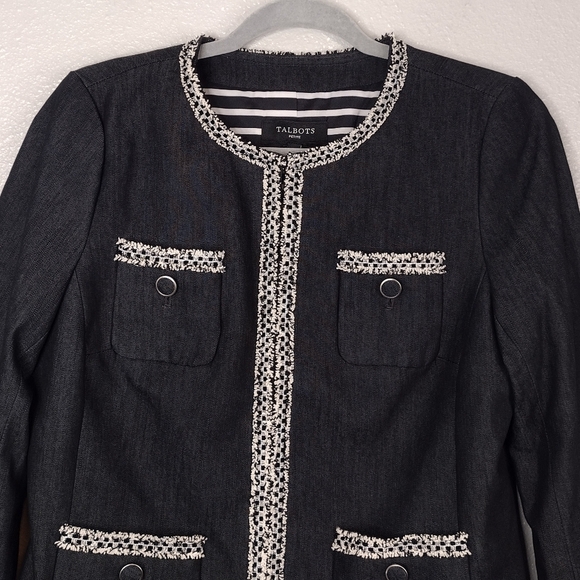 NWT Talbots Petite Tweed Fringe Denim Lined Patch Pockets Business Blazer Sz 8P - Picture 4 of 15